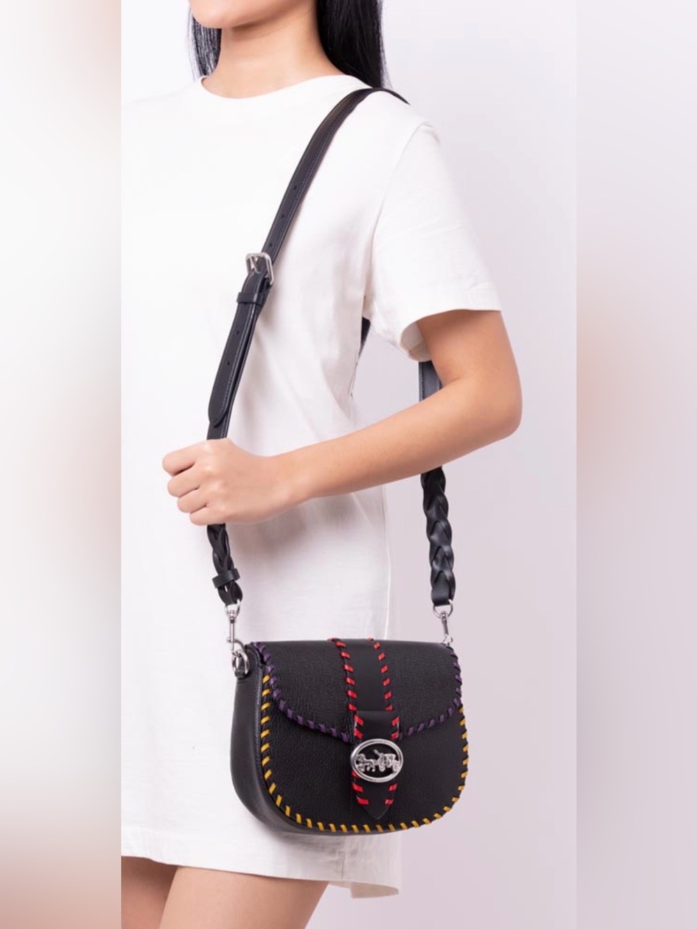 Coach Black Leather Crossbody Saddle Bag with Red, Yellow & Purple Whipstitch